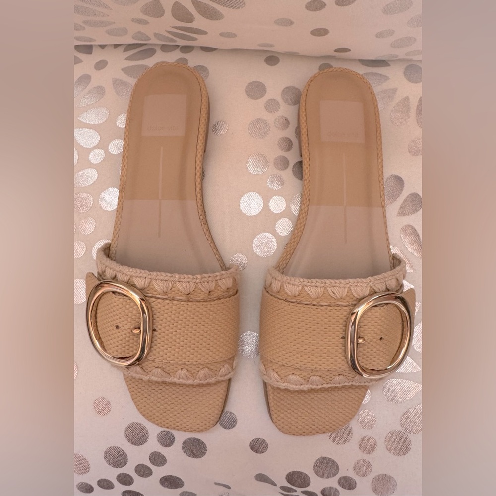 Dolce Vita Grecia Sandal Slide Flat Slip On Light Natural Raffia Womens Size 6.5